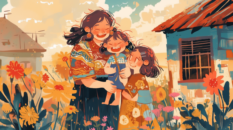 A joyful illustration of a mother embracing her two happy children in a sunny, flower-filled setting.