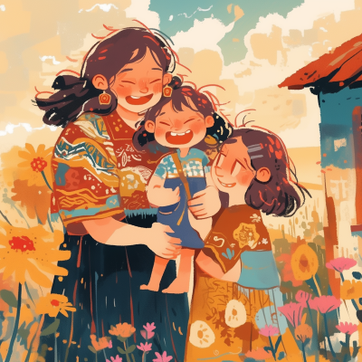 A joyful illustration of a mother embracing her two happy children in a sunny, flower-filled setting.