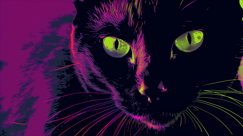 Close-up of a black cat with striking green eyes, set against a colorful background with a vibrant neon effect.