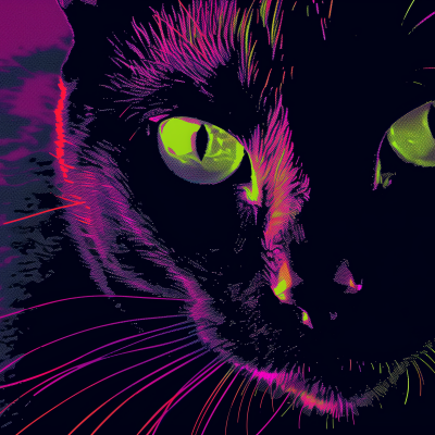 Close-up of a black cat with striking green eyes, set against a colorful background with a vibrant neon effect.