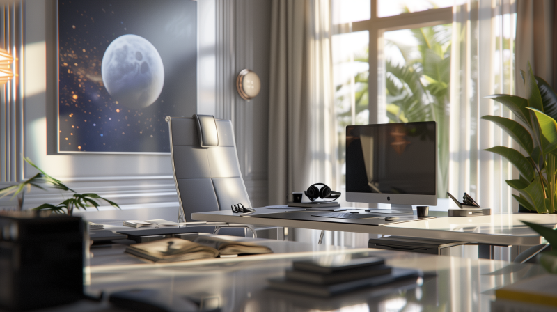 A modern home office with a sleek desk, computer monitor, headphones, and office chair, with a view of a window and a wall clock, and an artistic impression of a moon in the background.