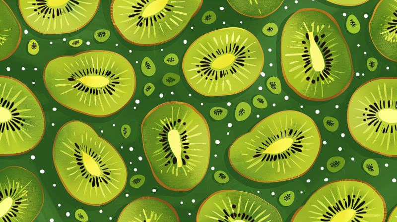 Pattern of sliced kiwi fruits on a green background.