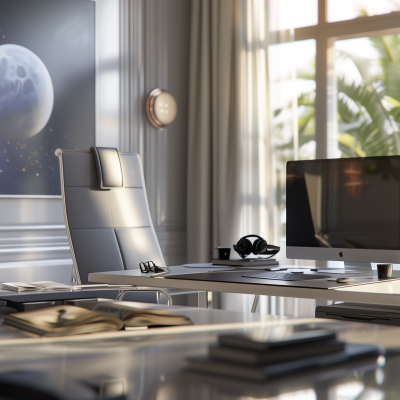 A modern home office with a sleek desk, computer monitor, headphones, and office chair, with a view of a window and a wall clock, and an artistic impression of a moon in the background.