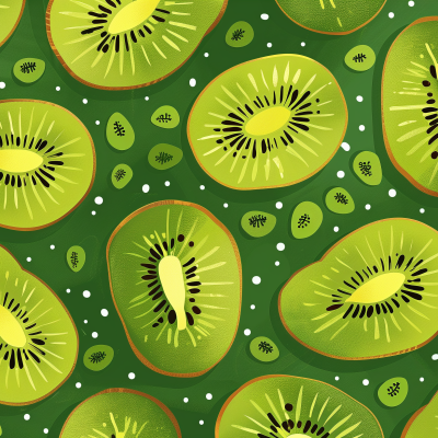 Pattern of sliced kiwi fruits on a green background.