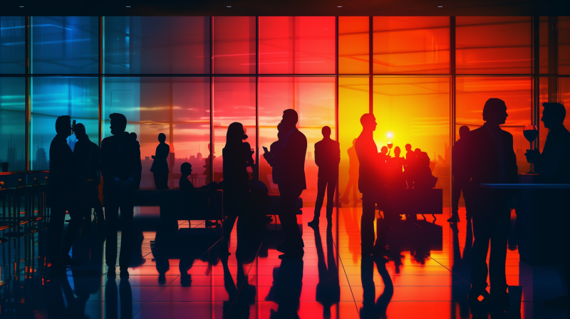 Silhouetted individuals conversing at an office party with a vibrant sunset visible through the large windows in the background.