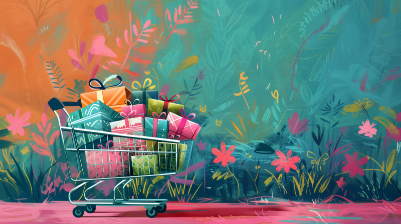 An illustration of a shopping cart filled with colorful gift boxes set against a vibrant, floral background.