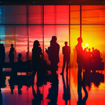 Silhouetted individuals conversing at an office party with a vibrant sunset visible through the large windows in the background.