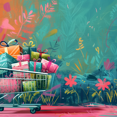 An illustration of a shopping cart filled with colorful gift boxes set against a vibrant, floral background.