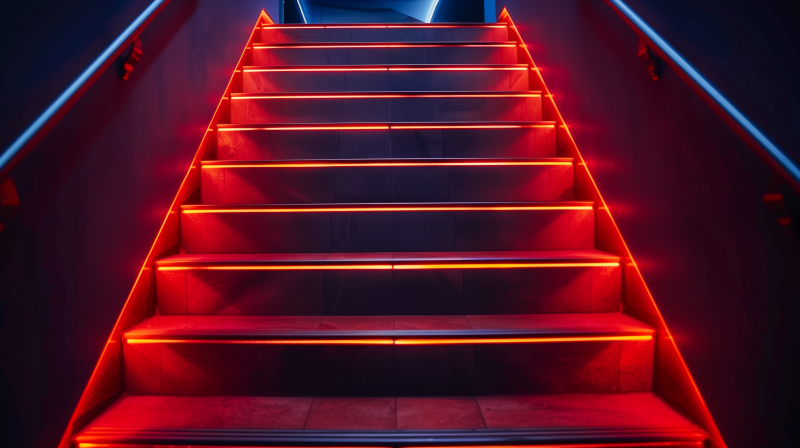 A staircase illuminated with vibrant red neon lights along the edges of each step.