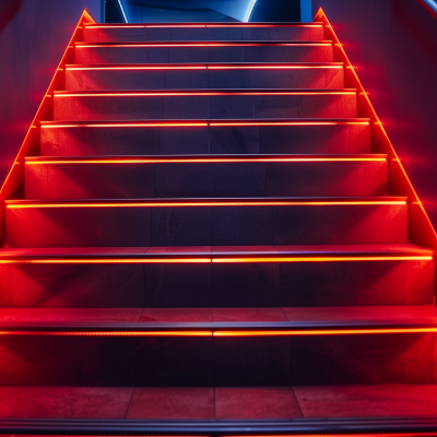 A staircase illuminated with vibrant red neon lights along the edges of each step.