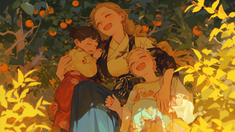 An illustration of a happy family moment with a smiling mom in traditional clothing hugging her two joyful children against a backdrop of orange trees.