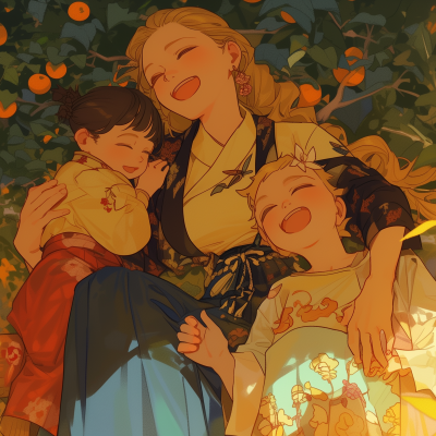 An illustration of a happy family moment with a smiling mom in traditional clothing hugging her two joyful children against a backdrop of orange trees.