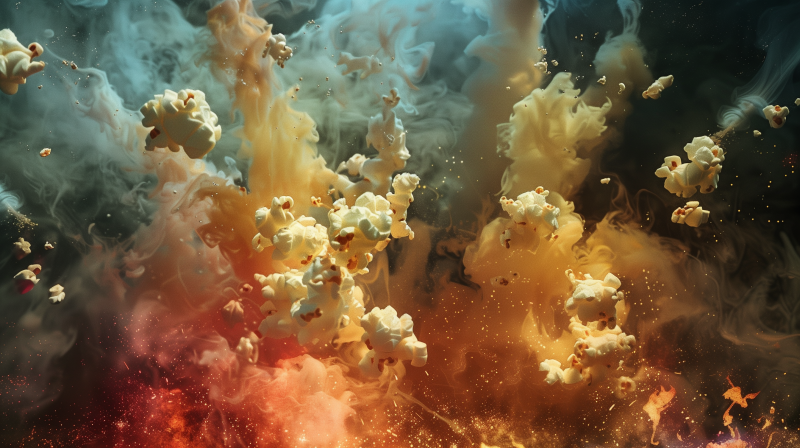 Popcorn kernels exploding in bursts of orange and blue smoke.