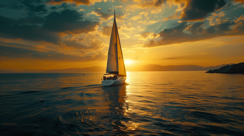 A sailboat cruising on calm waters at sunset with golden skies and light reflecting off the water.