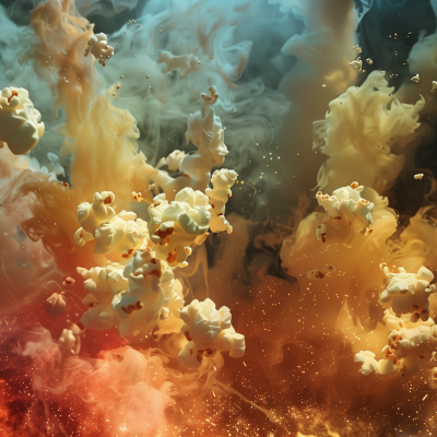 Popcorn kernels exploding in bursts of orange and blue smoke.