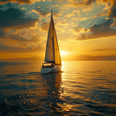 A sailboat cruising on calm waters at sunset with golden skies and light reflecting off the water.