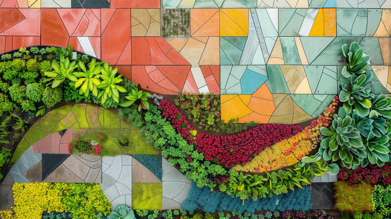 Aerial view of a vibrant, colorful landscaping design with a mosaic of geometric tiles interspersed with lush greenery and floral arrangements.