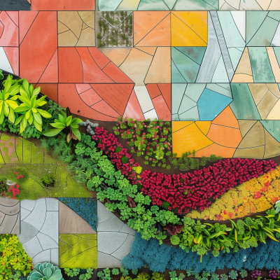 Aerial view of a vibrant, colorful landscaping design with a mosaic of geometric tiles interspersed with lush greenery and floral arrangements.