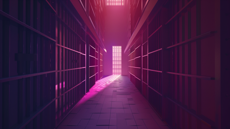 Corridor inside a prison with rows of cell doors on either side, illuminated by purple and red lighting, leading to a window at the end.