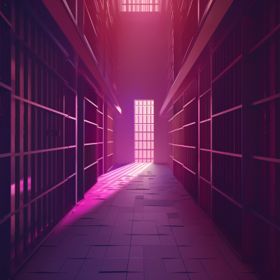 Corridor inside a prison with rows of cell doors on either side, illuminated by purple and red lighting, leading to a window at the end.