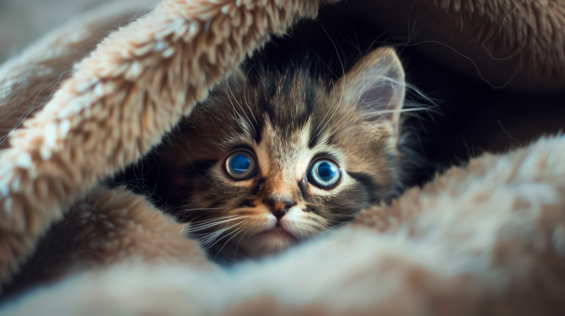 A fluffy kitten with striking blue eyes peeking out from under a cozy blanket.