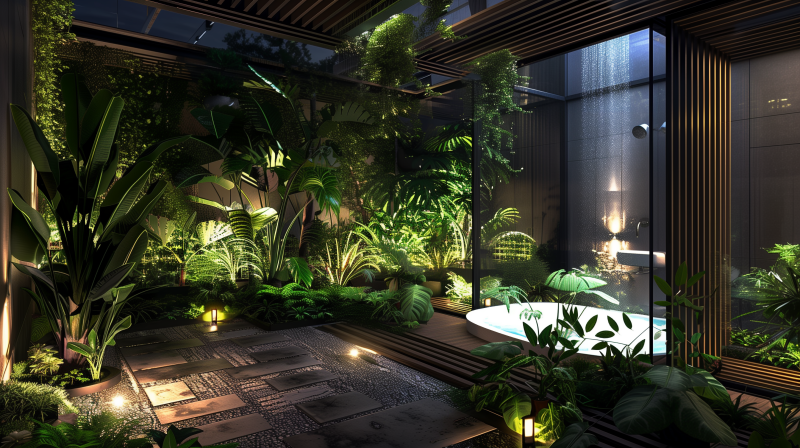 A modern house at night featuring a lush indoor garden with abundant greenery and mood lighting.