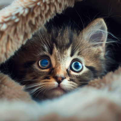 A fluffy kitten with striking blue eyes peeking out from under a cozy blanket.