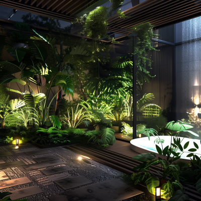 A modern house at night featuring a lush indoor garden with abundant greenery and mood lighting.