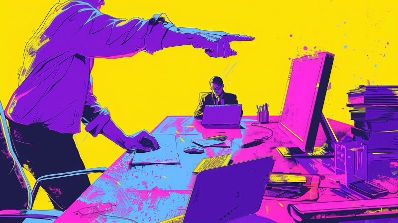 A stylized illustration of a person working intently at a desk with a laptop, while a large hand points at them from the left side, all against a bright yellow background. The desk is cluttered with various work-related items.