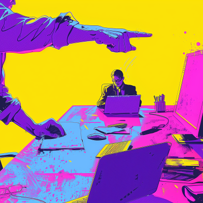 A stylized illustration of a person working intently at a desk with a laptop, while a large hand points at them from the left side, all against a bright yellow background. The desk is cluttered with various work-related items.