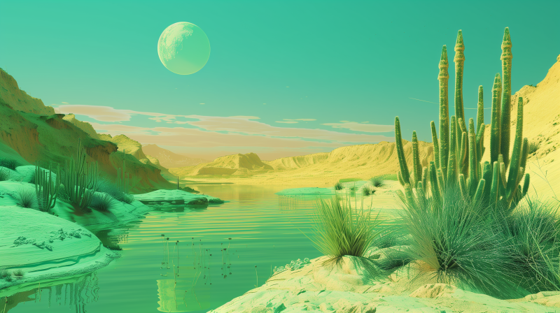 A stylized image of a peaceful desert oasis with vibrant turquoise water, surrounded by sand dunes and cacti under a large moon in an aqua-colored sky.