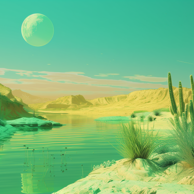 A stylized image of a peaceful desert oasis with vibrant turquoise water, surrounded by sand dunes and cacti under a large moon in an aqua-colored sky.