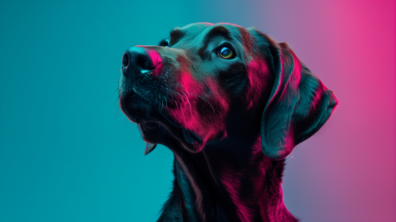 A close-up of a black dog illuminated with pink and blue lights against a teal background.