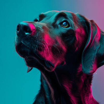 A close-up of a black dog illuminated with pink and blue lights against a teal background.