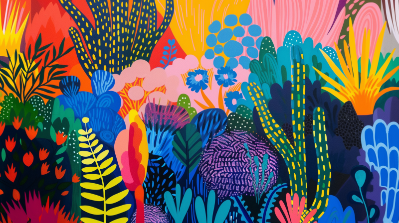 Colorful artistic illustration of various stylized plants with vibrant patterns and bright background.