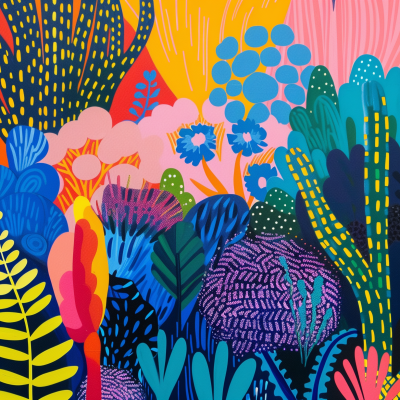 Colorful artistic illustration of various stylized plants with vibrant patterns and bright background.