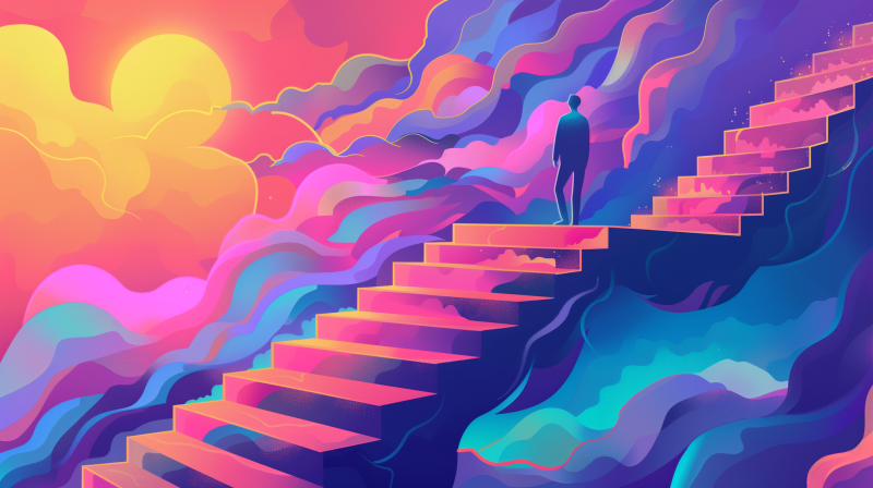 A stylized illustration of a person standing at the top of a colorful staircase, representing a journey or path to success, set against a vibrant and dynamic backdrop suggestive of hope and aspiration.