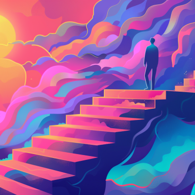 A stylized illustration of a person standing at the top of a colorful staircase, representing a journey or path to success, set against a vibrant and dynamic backdrop suggestive of hope and aspiration.