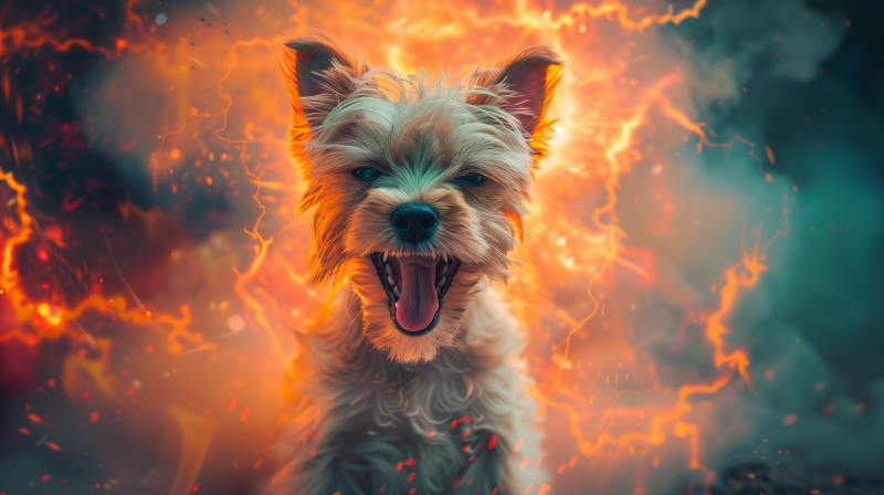 A small dog with an energetic expression on its face with a backdrop of intense flames.