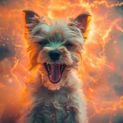 A small dog with an energetic expression on its face with a backdrop of intense flames.