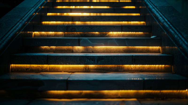 Illuminated stairs with warm lighting accentuating their edges.