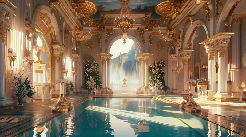 An opulent Victorian-style indoor pool with ornate golden decorations, chandeliers, arches, and a large window overlooking a mountainous landscape.