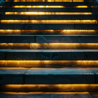 Illuminated stairs with warm lighting accentuating their edges.