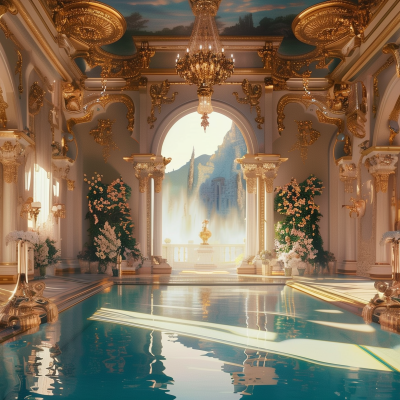 An opulent Victorian-style indoor pool with ornate golden decorations, chandeliers, arches, and a large window overlooking a mountainous landscape.