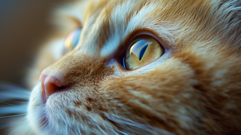 Close-up of a cat's face focusing on its sharp, yellow eye.