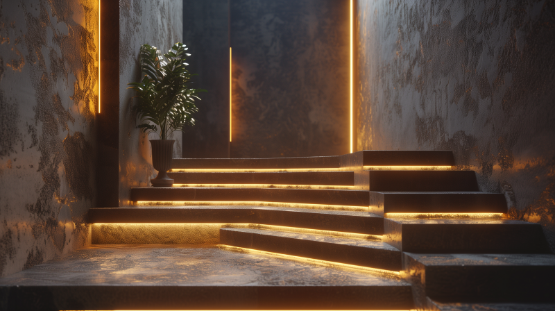 Aesthetic image of illuminated stairs with ambient lighting and a potted plant on the side.