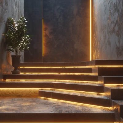 Aesthetic image of illuminated stairs with ambient lighting and a potted plant on the side.