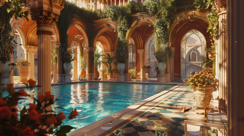 An elegant indoor pool with arches and columns, adorned with green plants in sunlight, reflecting a serene and luxurious ambiance.