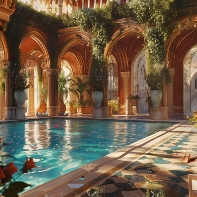 An elegant indoor pool with arches and columns, adorned with green plants in sunlight, reflecting a serene and luxurious ambiance.