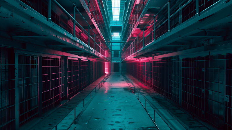 Alt Text: High-contrast image of a prison corridor with cell doors on both sides, illuminated by red and blue neon lights creating a dramatic and eerie atmosphere.